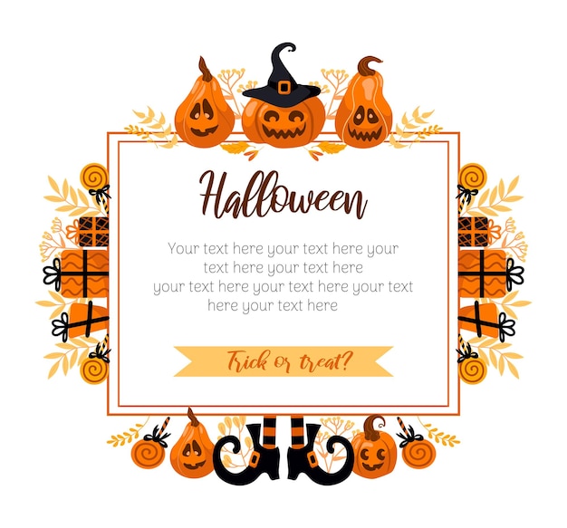 Happy halloween bright vector illustration. pumpkin jack-o-lantern, witch hat, striped stockings, lollipop. for stickers, postcards, banners, flyer. yellow-orange autumn colors.