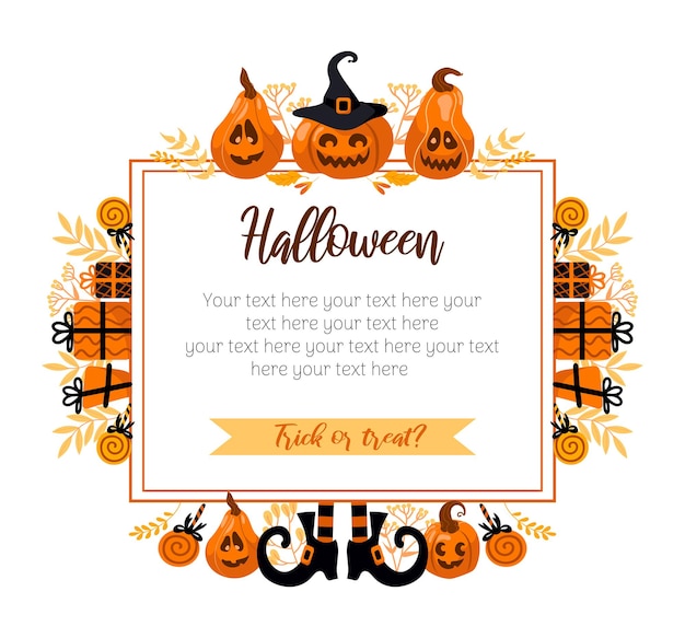 Happy Halloween bright vector illustration. Pumpkin jack-o-lantern, witch hat, striped stockings, lollipop. For stickers, postcards, banners, flyer. Yellow-orange autumn colors.