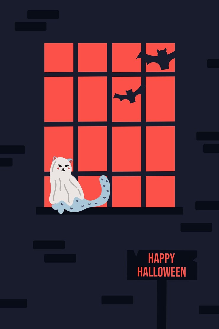 Vector happy halloween card background with window cat bat for halloween vector illustration