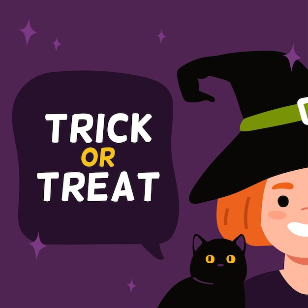 Happy halloween card cute little witch with a cat flat vector illustration