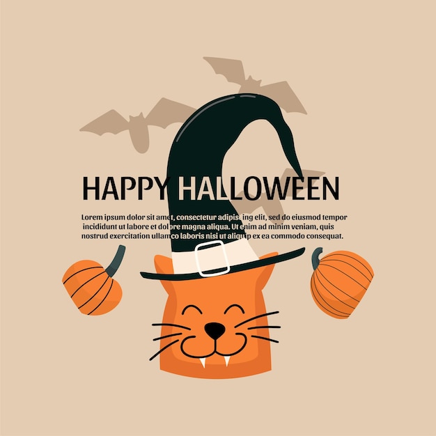 Vector happy halloween card design with cat vector illustration in cartoon style