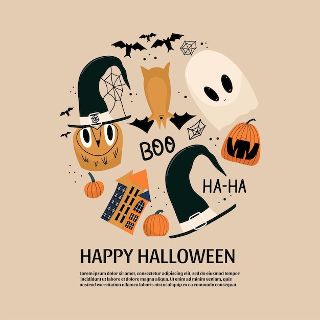 Vector happy halloween card design with owl pumpkin witch hat houses hats ghost vector illustration i