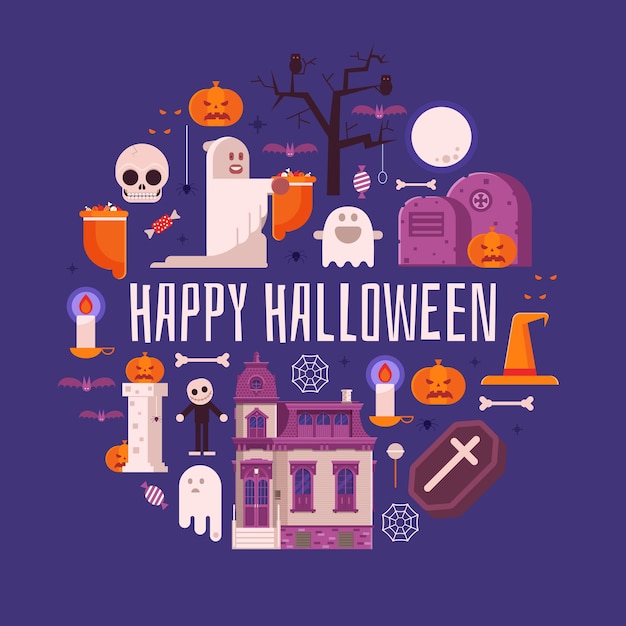 Happy halloween card в плоском дизайне