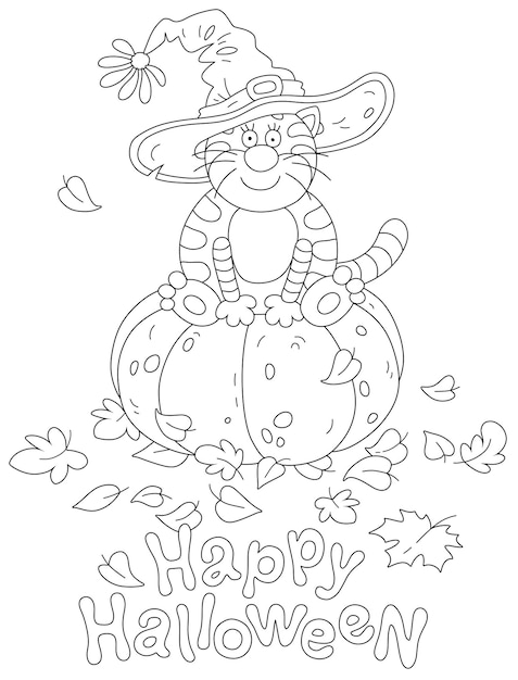 큰 호박에 앉아 있는 마녀의 휴일 모자에 재미있는 뚱뚱한 고양이가 있는 해피 할로윈 카드