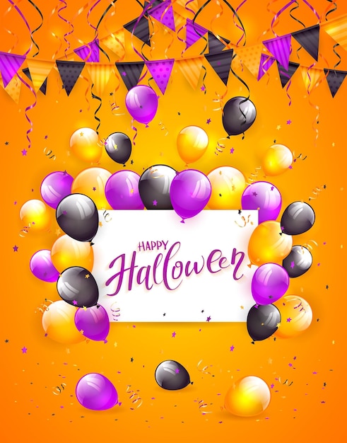 Happy halloween on card with balloons and confetti on orange background