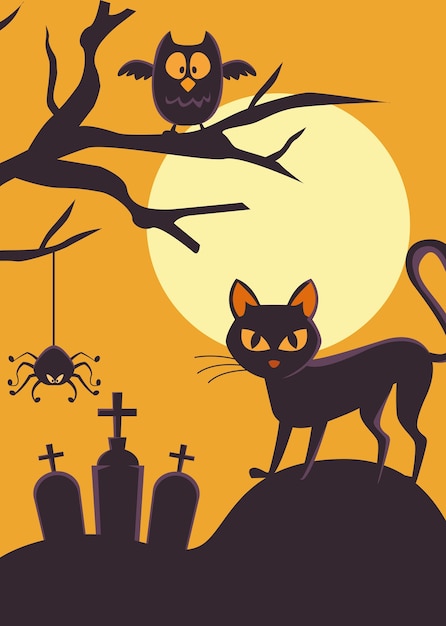 Happy halloween card with black cat and owl in cemetery