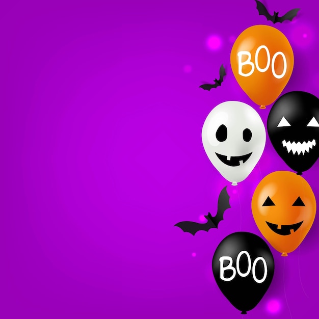Carta felice di halloween con palloncini luminosi e pipistrelli