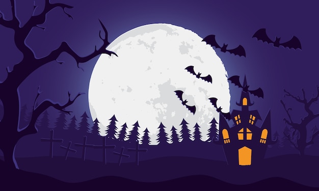 Happy halloween card with castle and bats flying in cemetery scene vector illustration design