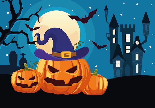 Happy halloween card with castle and pumpkins