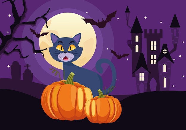 Happy halloween card with cat and pumpkin in castle scene