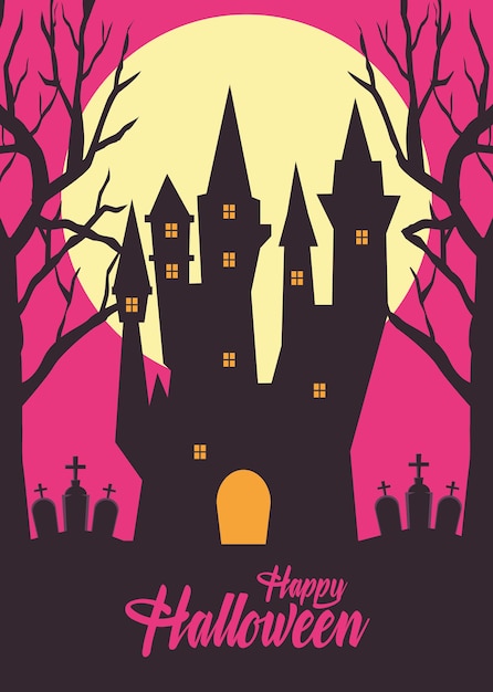 Happy halloween card with haunted castle in cemetery silhouette