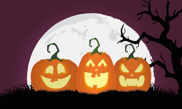 Vector happy halloween card with pumpkins and moon vector illustration design