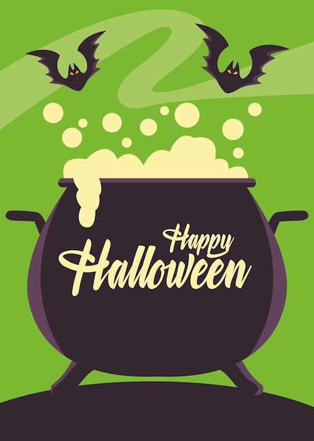 Vector happy halloween card with witch cauldron and bats