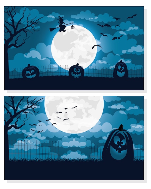 Happy halloween card with witch flying and pumpkins scenes vector illustration design