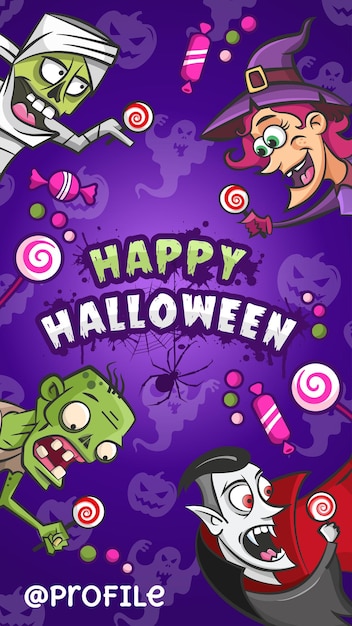 Happy halloween. cartoon funny monsters characters with candies, ghosts. vector illustration