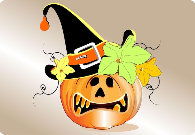 Happy Halloween Cartoon pumpkin with smiling hat pumpkin leaves and flowers for halloween vector.