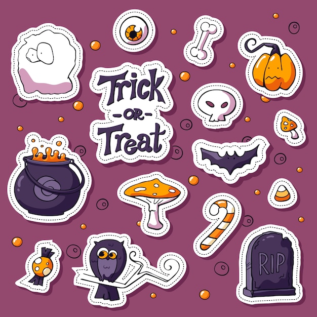 Vector happy halloween cartoon sticker set. label design elements with lettering