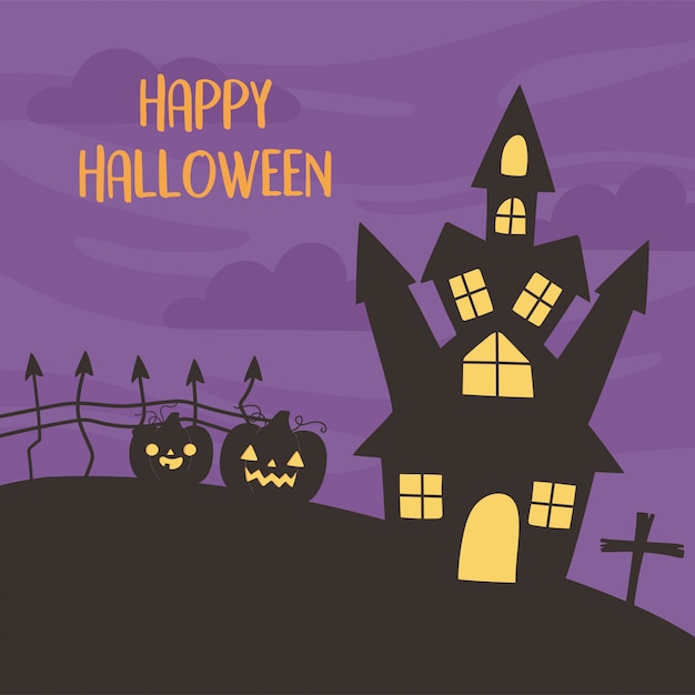 Счастливого хэллоуина, замок тыквы крест ночной трюк или угощение вечеринка празднование векторные иллюстрации