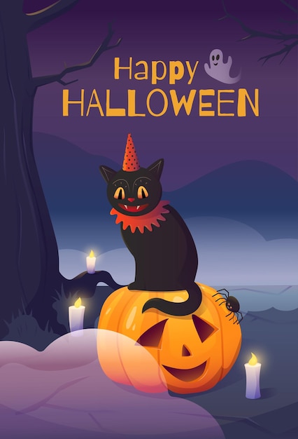 Happy Halloween The cat sits on a pumpkin at night near the candles. Vector illustration