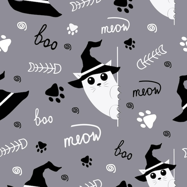 Felice gatto di halloween con cappello da strega doodle elementi disegnati a mano per halloween seamless pattern