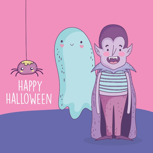 Happy halloween celebration boy dracula costume ghost and spider