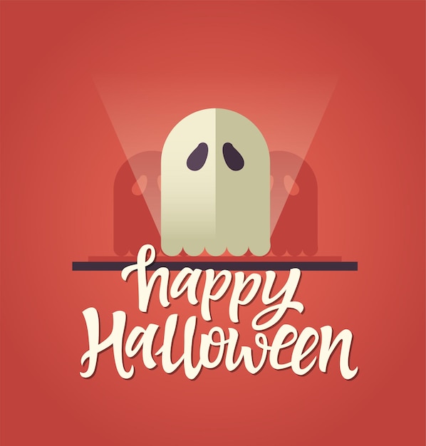 Happy halloween - biglietto celebrativo con testo in calligrafia e un fantasma con ombre spaventose. scritta a penna pennello disegnata a mano. testo bianco su sfondo rosso. perfetto come poster, banner, invito, flyer