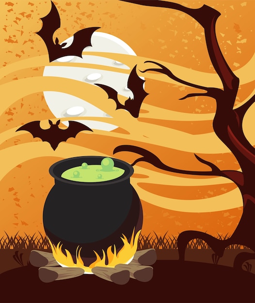 Happy halloween celebration card with cauldron and bats flying in forest.