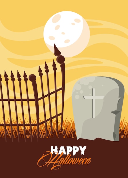 Vector happy halloween celebration card with grave and fence scene.