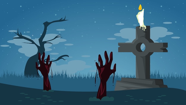 Vector happy halloween celebration card with zombies hands in tomb cemetery