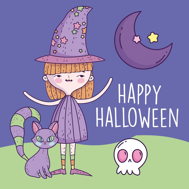 Happy halloween celebration girl with hat witch cat and skull