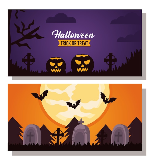 Happy halloween celebration lettering with pumpkins and cemetery scenes