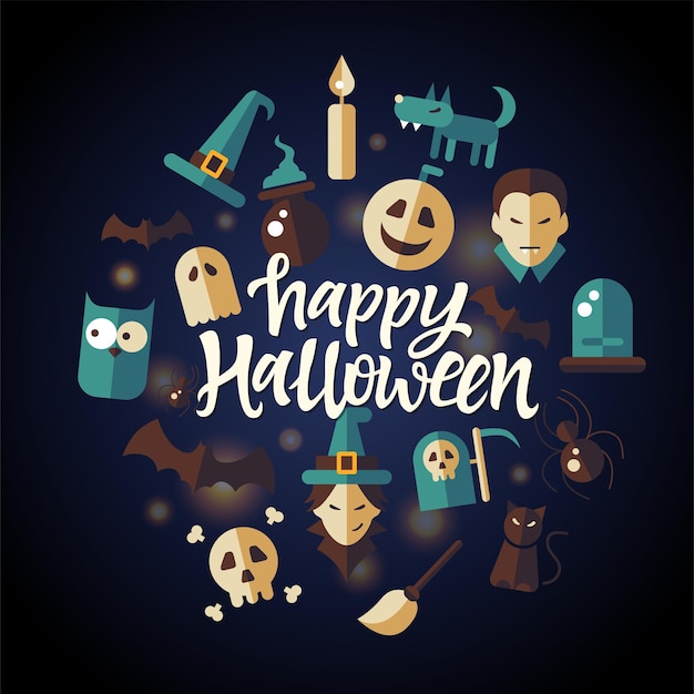 Happy halloween - celebration poster on seamless dark background with scary symbols - owl, vampire, witch hat and broom, pumpkin, black cat, spiders, werewolf. hand drawn brush pen lettering