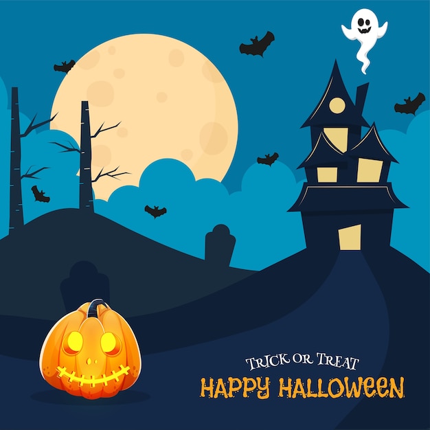 Manifesto di celebrazione di halloween felice con casa stregata, fantasma dei cartoni animati, pipistrelli volanti e zucca di halloween su sfondo blu luna piena.