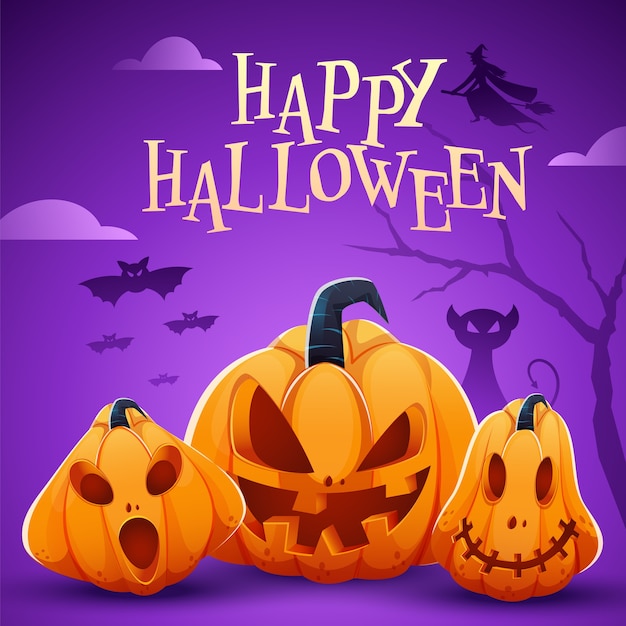 ジャック-O-ランタン、怖い猫、魔女、紫色の背景に飛んでいるコウモリとハッピーハロウィンお祝いポスター。