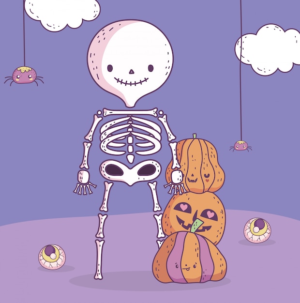 Vector happy halloween celebration skeleton with pumpkins and creepy eyes