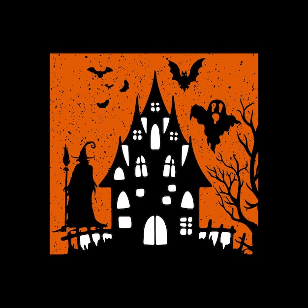Празднование счастливого Хэллоуина с ночью и страшным замком. Счастливый Хэллоуин векторный дизайн футболки