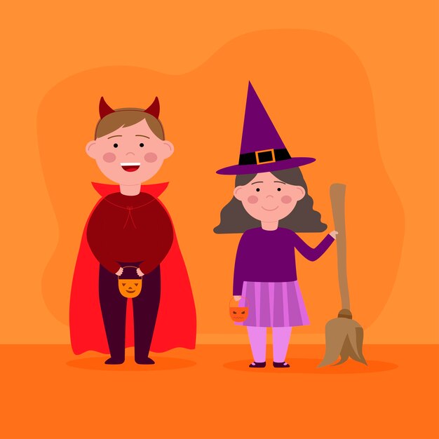 Vector happy halloween children in fancy dress the witch and dracula wallet or life trik or treatvector ill...