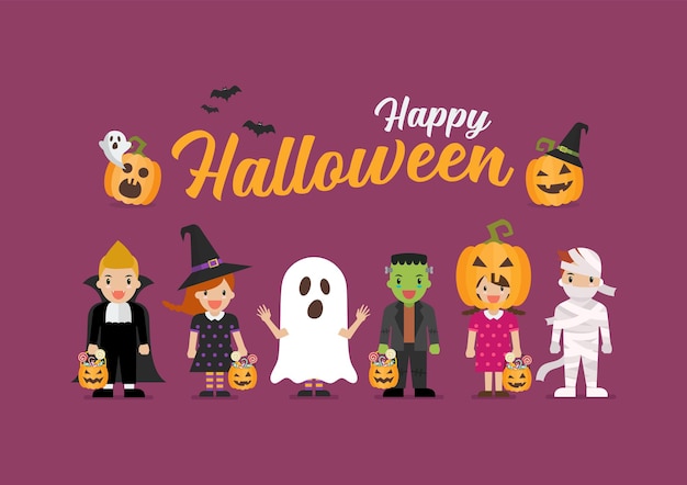 Bambini felici di halloween in diversi costumi spaventosi. collezione di bambini dei cartoni animati in costumi di carnevale. illustrazione vettoriale