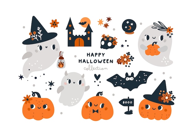 Happy halloween-collectie met pumpkins schattige kinderachtige geesten vleermuis en magische elementen magic