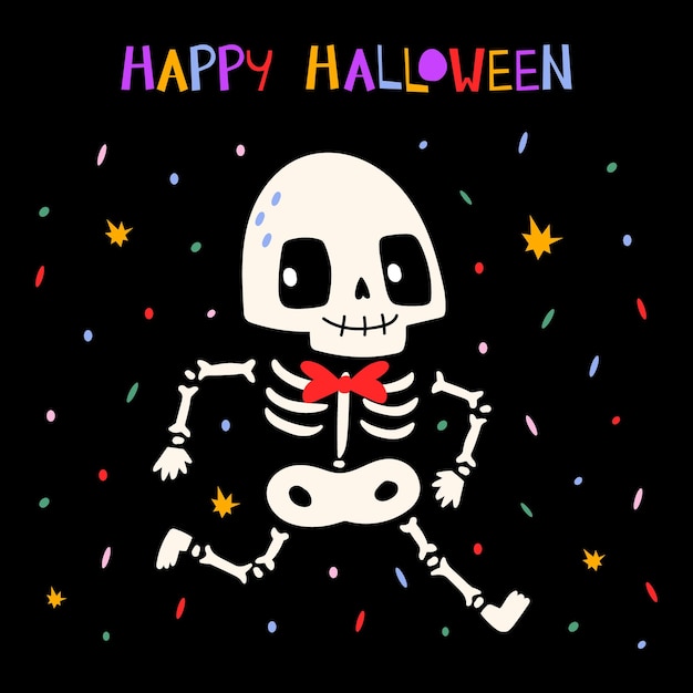 Happy Halloween collection with cute Skeleton with different emotions and movement inscription and