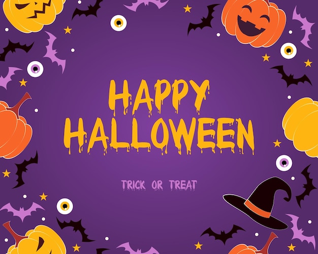 happy halloween colorful card with bats cartoon pumpkin and scary eyeballs