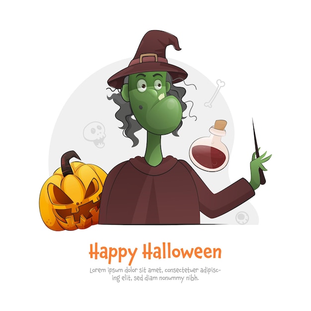 Happy halloween concept met cartoon heks met toverstaf, jack-o-lantern en potion op witte achtergrond.