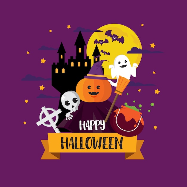 Happy Halloween Concept Pumpkin Witch Hat and Ghost 