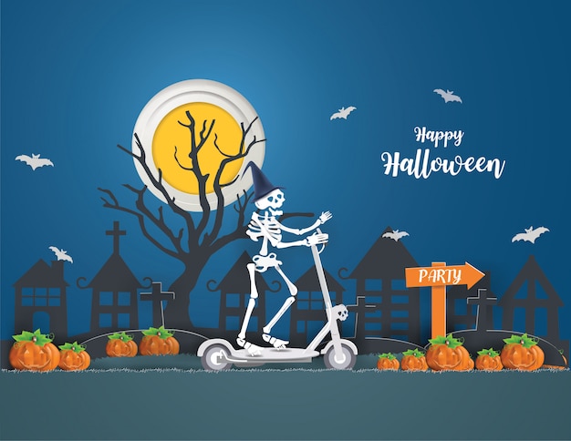 Vettore il concetto di halloween felice con gli scheletri in sella a uno scooter elettrico va alla festa venerdì 13 sera.