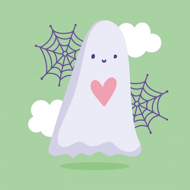 Vector happy halloween, cute ghost heart clouds and web trick or treat party celebration vector illustration