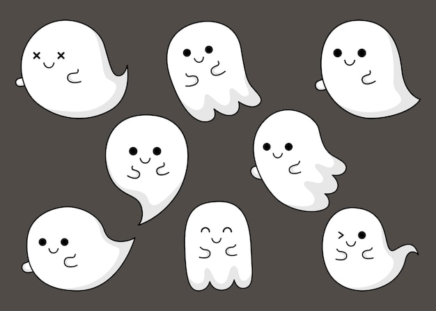 Happy halloween cute ghost scary with different faces isolated on gray background