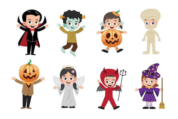 Vettore personaggio dei bambini svegli di halloween felice nell'illustrazione di vettore dei costumi differenti