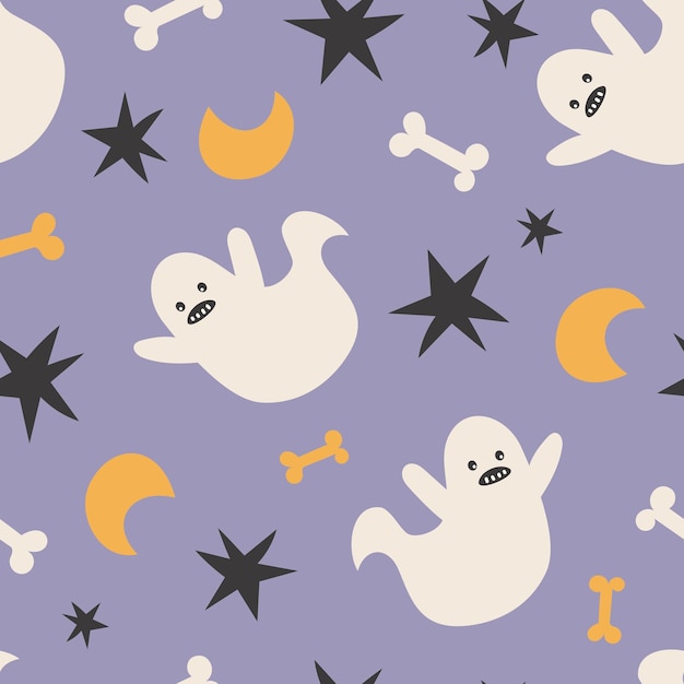 Happy halloween cute vector seamless pattern with cartoon ghost creative childish texture in scandinavian style great for fabric textile vector illustration