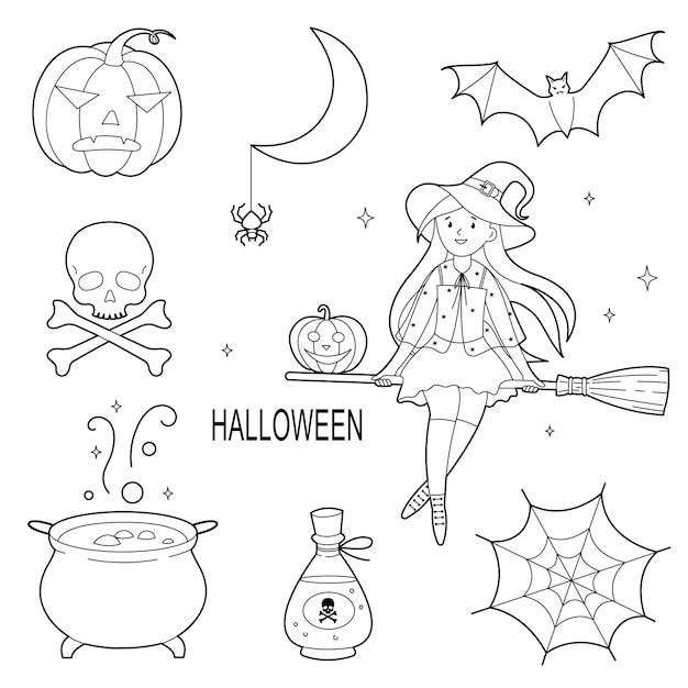 Happy halloween cute vector set with witch pumpkin and cauldron isolated on white background