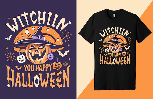 Happy Halloween-dagthema met hoorn duivel schedel pompoen vampieren vleermuizen vector stijl tshirt ontwerp